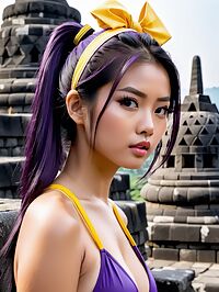 19 year old Indonesian girl wears a purple swimsuit at Borobudur temple in Java