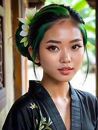 The beautiful Cambodian woman with green hair stands out in the evening streets of Ubud Bali