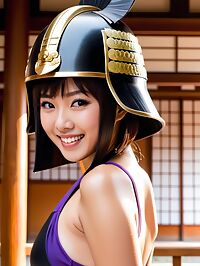 A petite Vietnamese woman with a samurai helmet in Kyoto's serene backdrop
